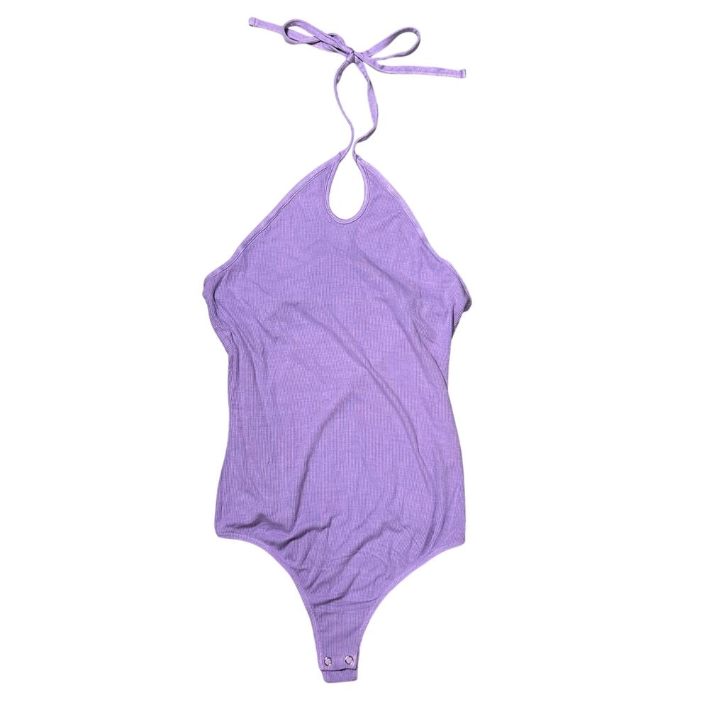 Enza Costa Viscose Silk Lavender Ribbed Halter Bodysuit